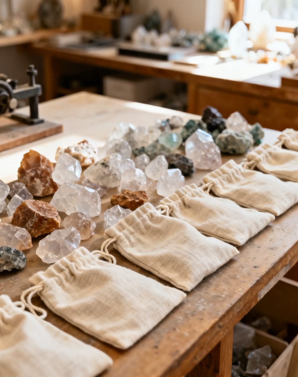 Raw crystals being sorted into linen pouches at the studio workbench